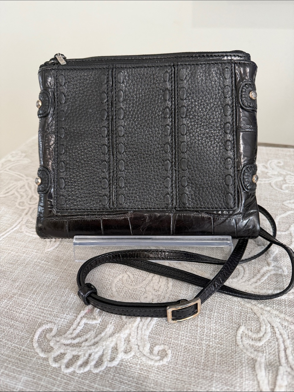 Brighton Slim Embossed Leather Organizer Crossbody Bag with Accents